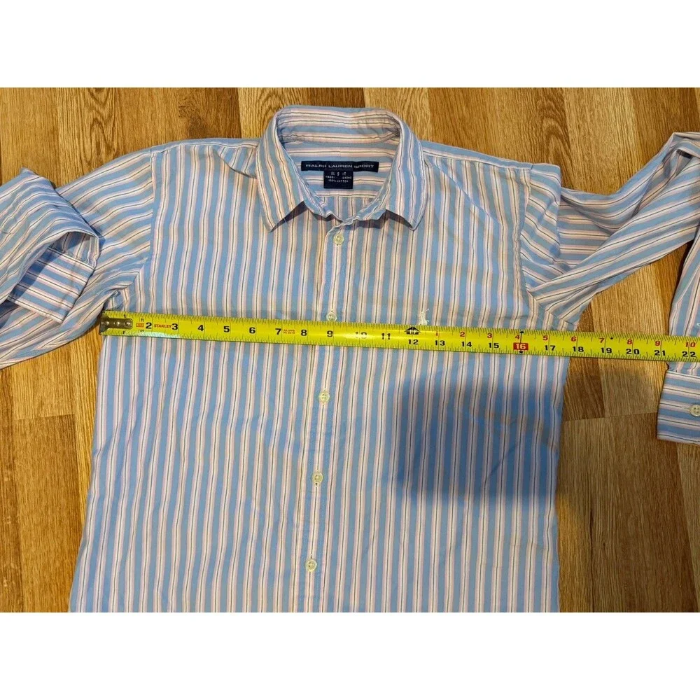 Ralph Lauren Sport Boys Slim Fit Button Shirt Blue Pink Stripe Size S Cotton